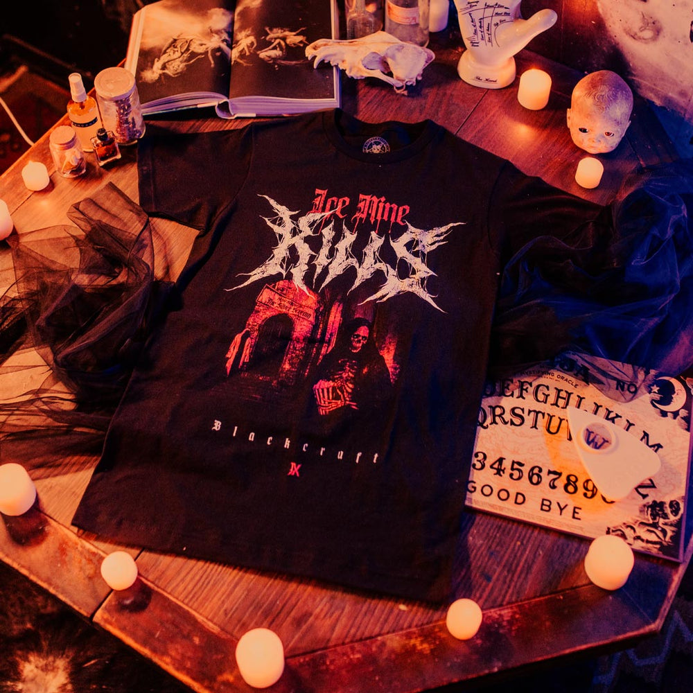 A classic black cotton tee shirt with custom red and white artwork and logos across the front. A limited edition collaboration from Blackcraft and Ice Nine Kills.