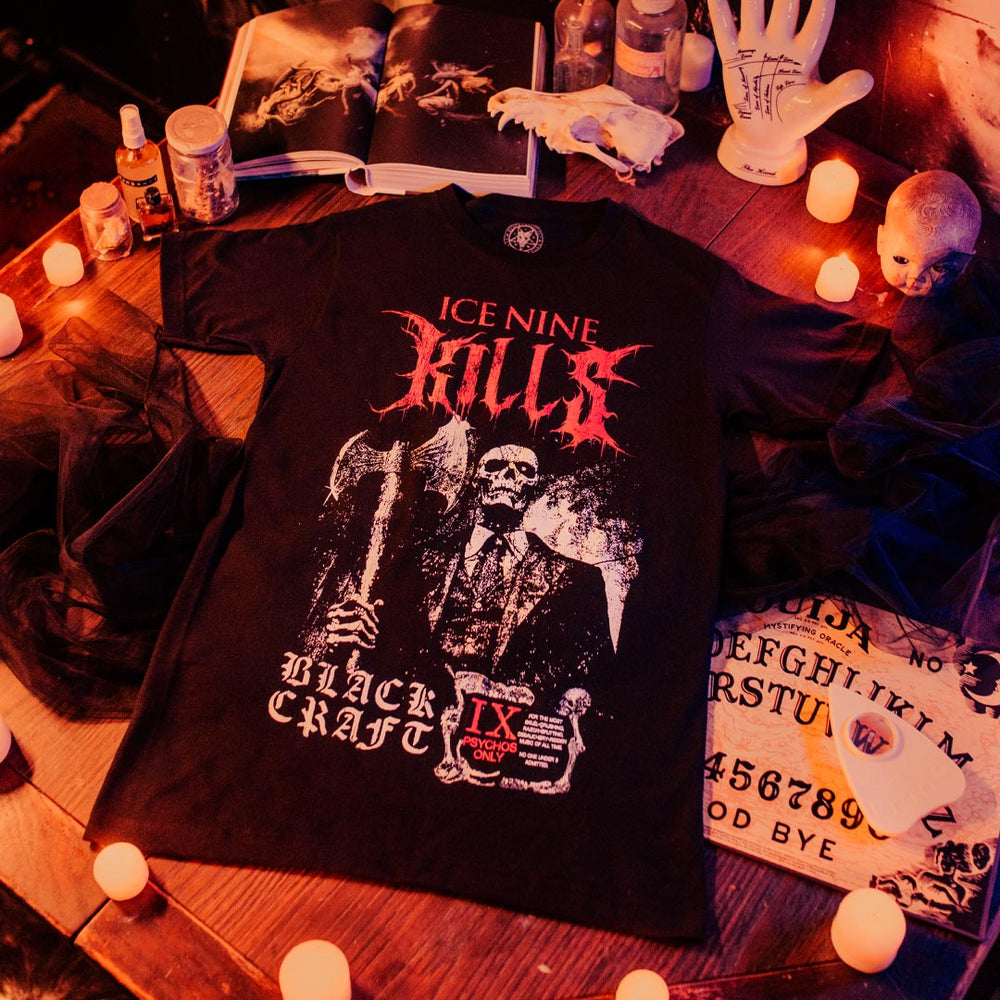 A classic black cotton tee shirt with custom red and white artwork and logos across the front. A limited edition collaboration from Blackcraft and Ice Nine Kills.