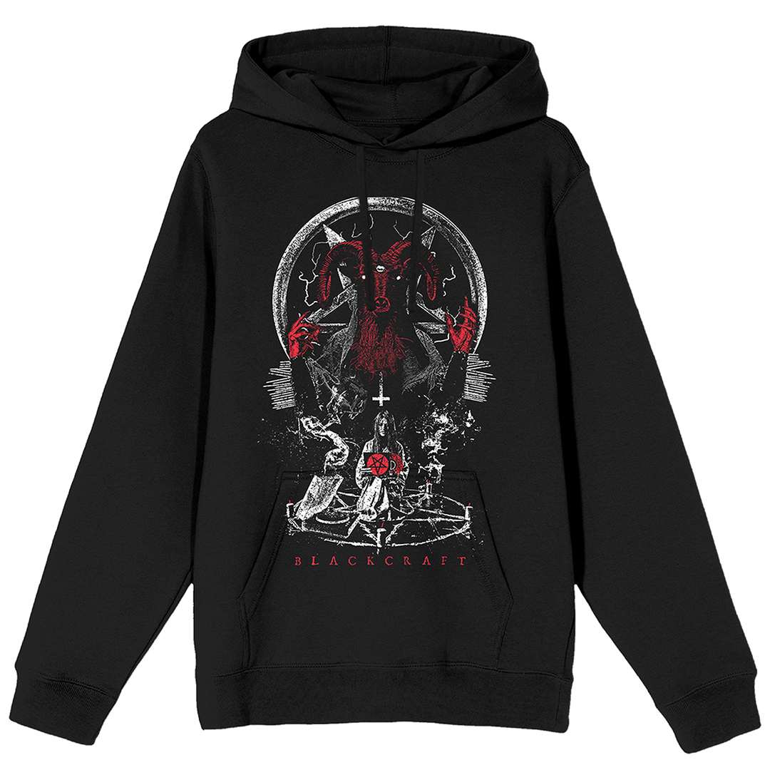 A classic black pullover hoodie with custom Blackcraft artwork on the front. 