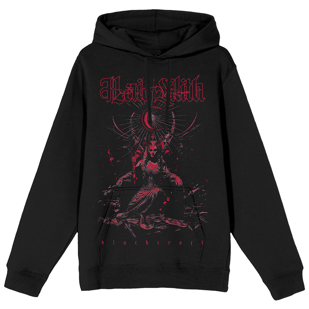 A classic black pullover hoodie with custom Blackcraft red artwork on the front. 