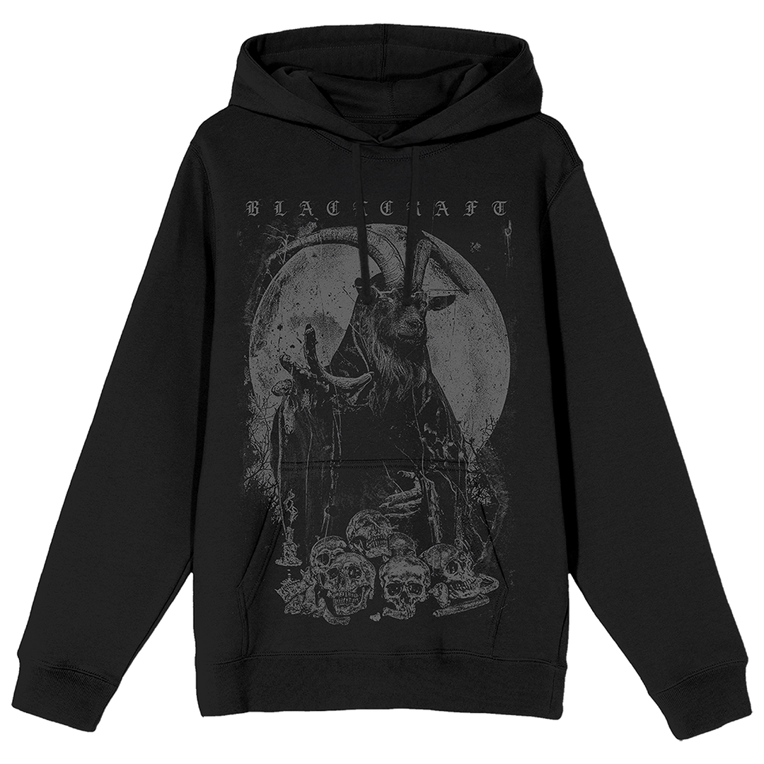 A classic black pullover hoodie with custom artwork on the front.