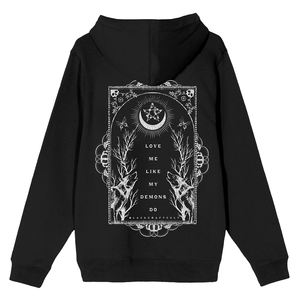 A classic black zip up hoodie with custom Blackcraft artwork on the front and back. 