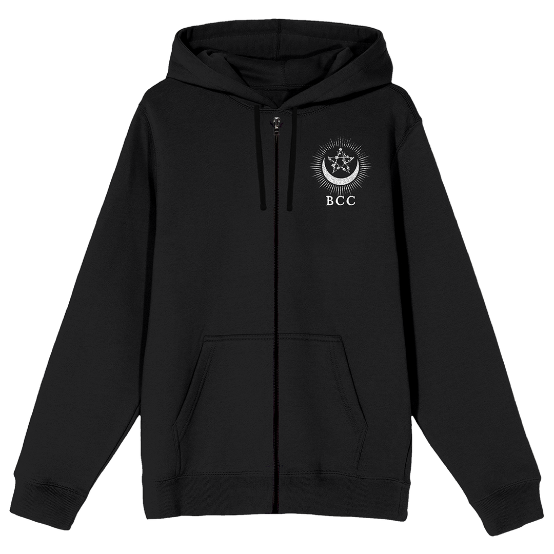 A classic black zip up hoodie with custom Blackcraft artwork on the front and back. 