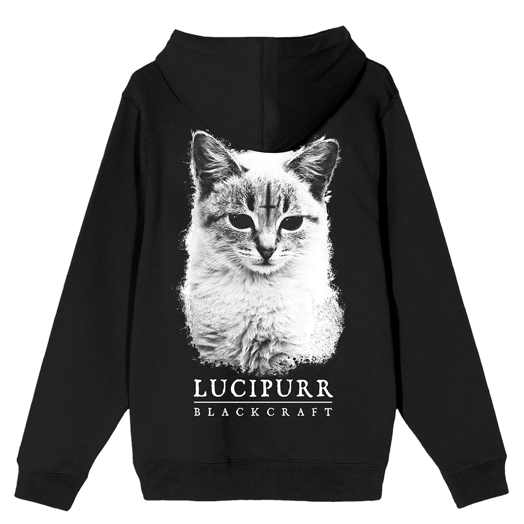 A classic black zip up hoodie from Blackcraft with custom Lucipurr cat artwork on the back. 