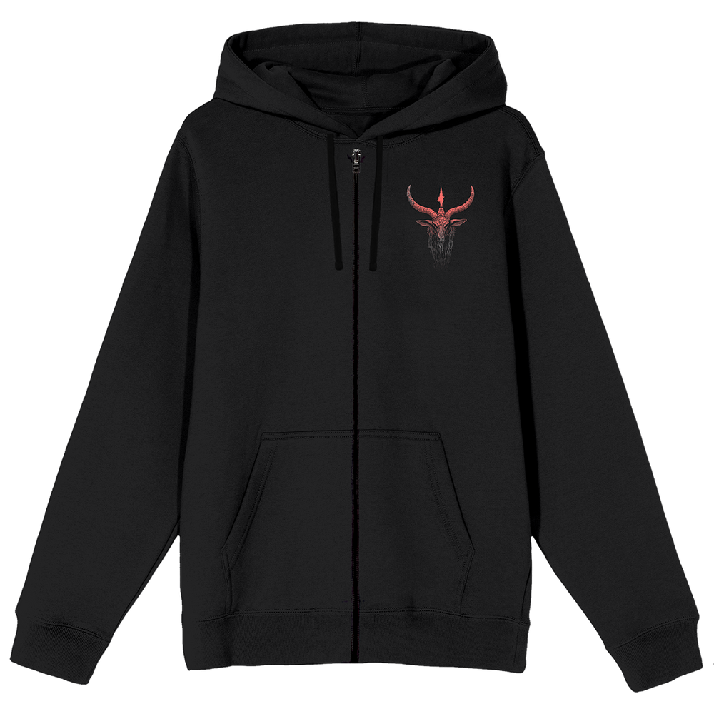 A classic black zip up hoodie with custom devil artwork on the front and back.