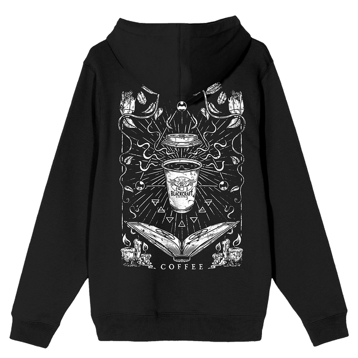 A classic black zip up hoodie with Blackcraft coffee artwork on the front and back.