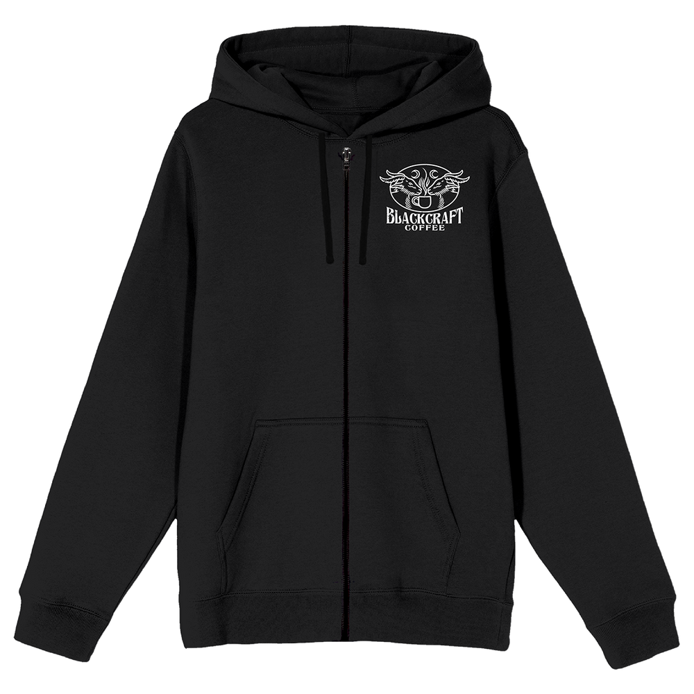 A classic black zip up hoodie with Blackcraft coffee artwork on the front and back.