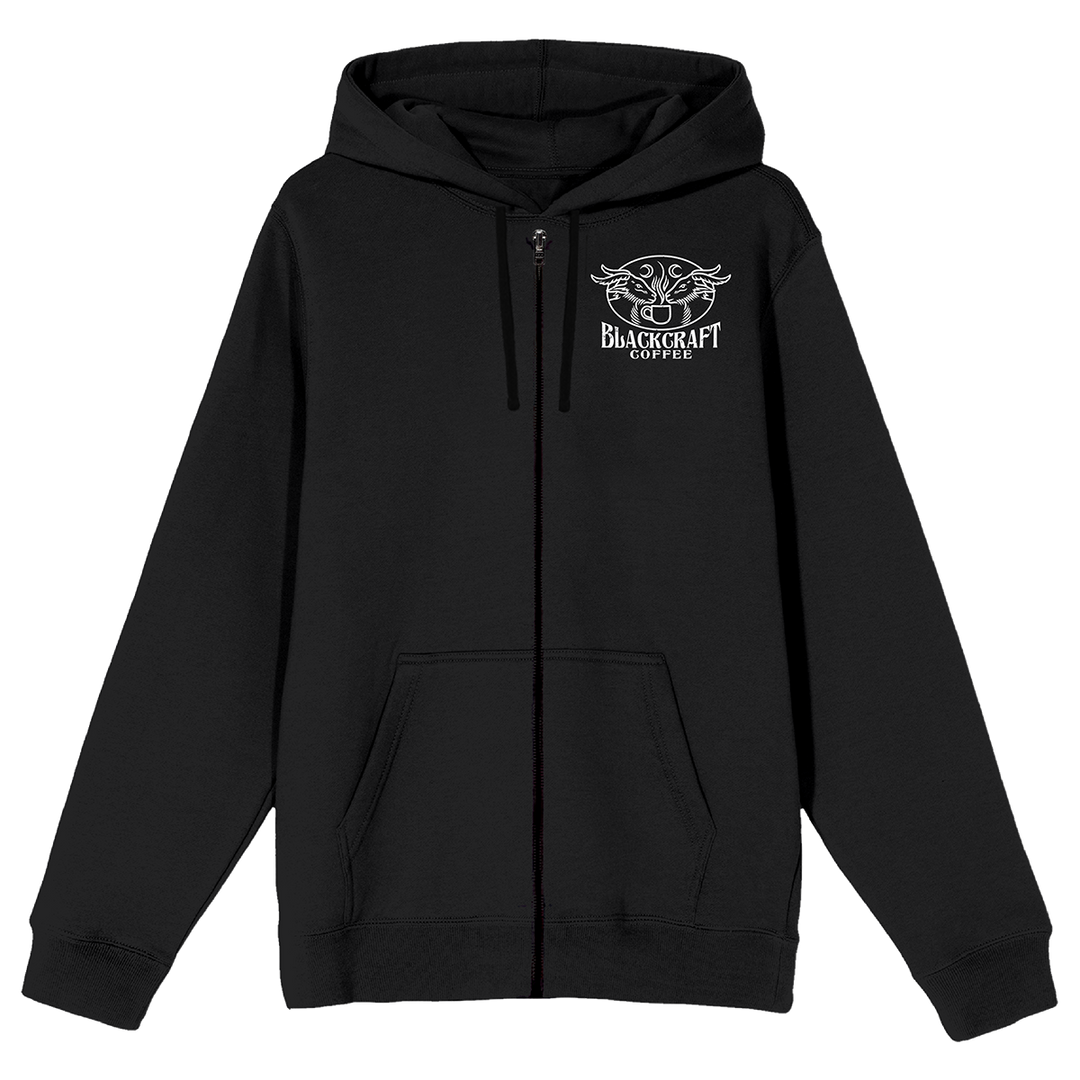 A classic black zip up hoodie with Blackcraft coffee artwork on the front and back.