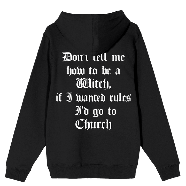 A custom black pullover hoodie with custom Blackcraft artwork on the front and back. 