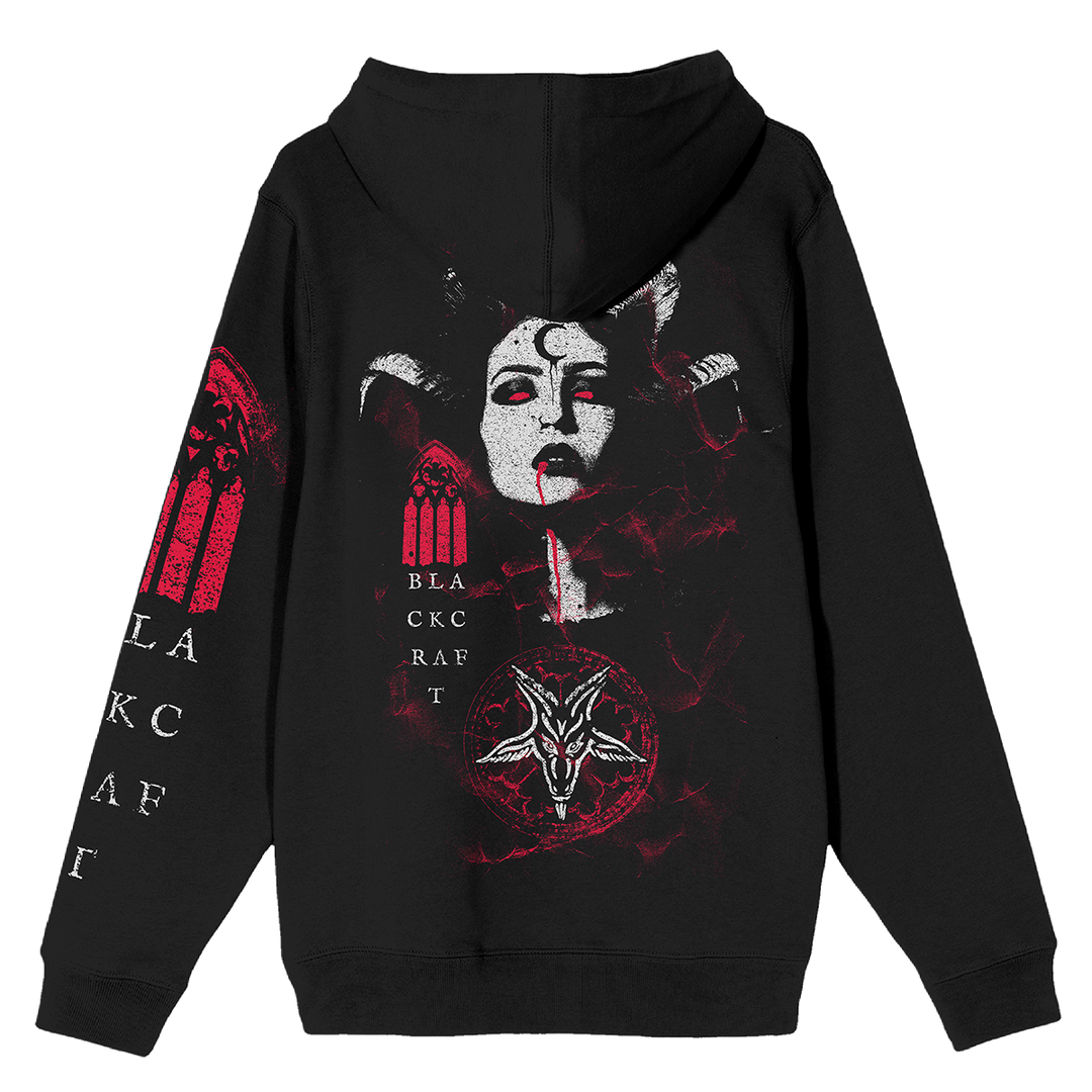 A classic black zip up hoodie with custom artwork on the front, back, and sleeves.