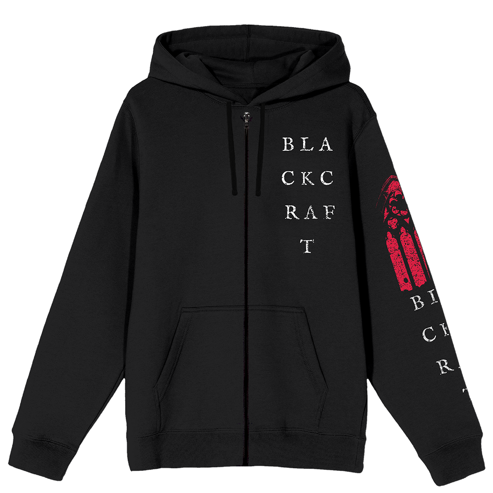 A classic black zip up hoodie with custom artwork on the front, back, and sleeves.