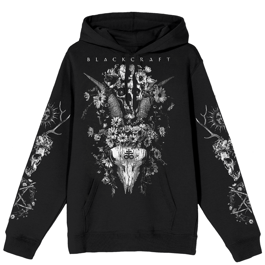 A classic black pullover hoodie with custom artwork on the front and along the sleeves.