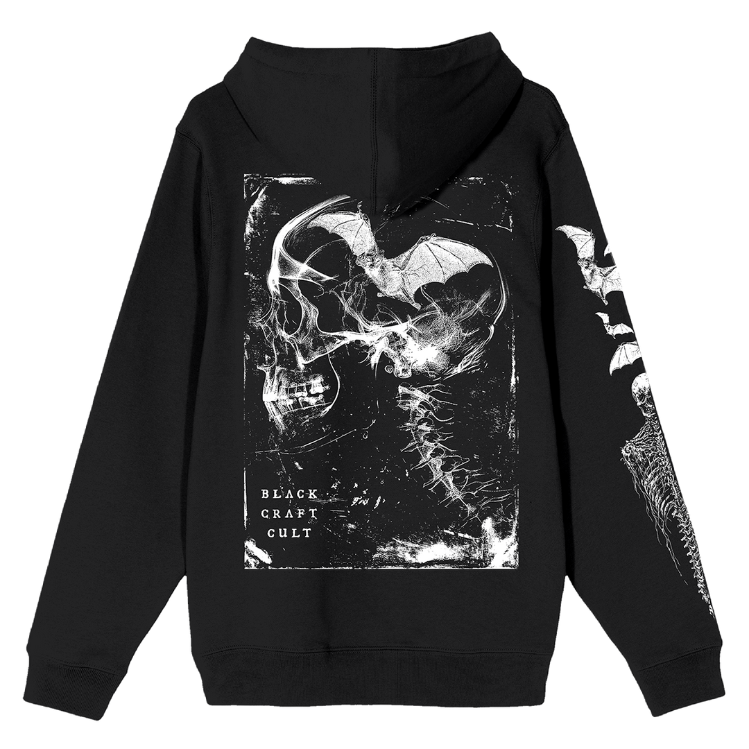 A classic black zip up hoodie with custom artwork along the front, back, and sleeves. 