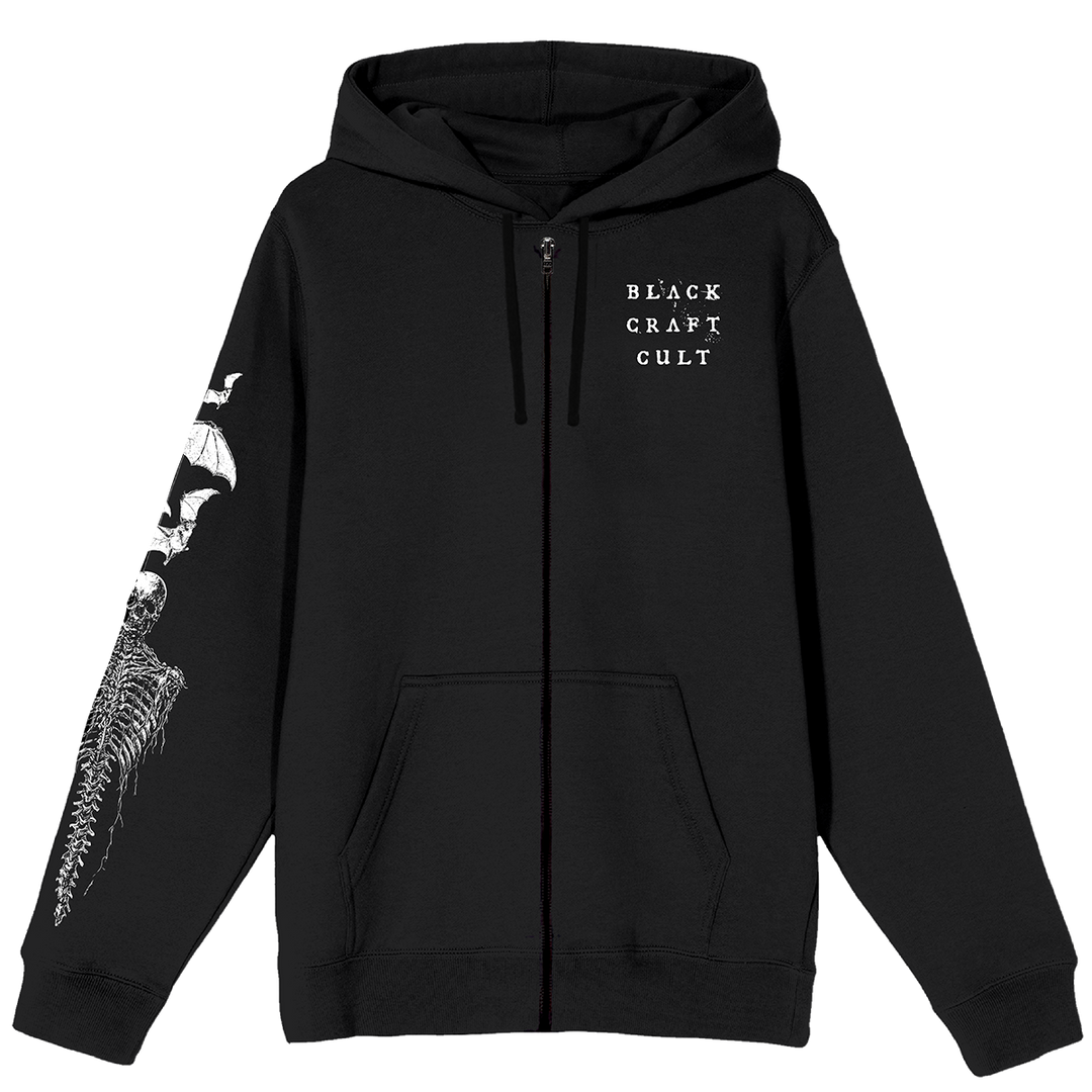 A classic black zip up hoodie with custom artwork along the front, back, and sleeves. 