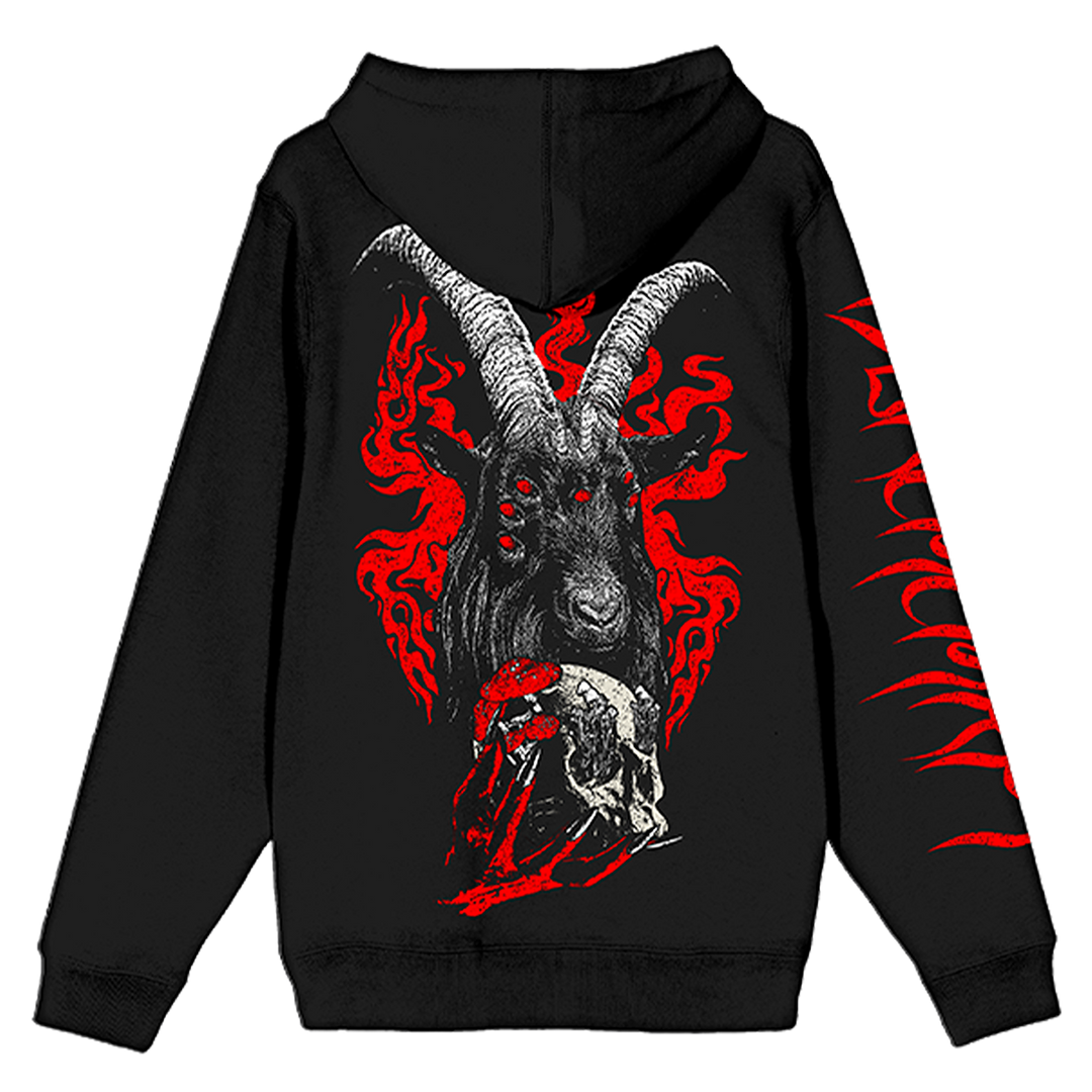 A classic black zip up hoodie with custom goat artwork on the back and custom artwork on the front and sleeves.