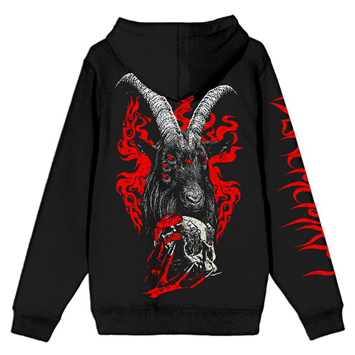 A classic black zip up hoodie with custom goat artwork on the back and custom artwork on the front and sleeves.