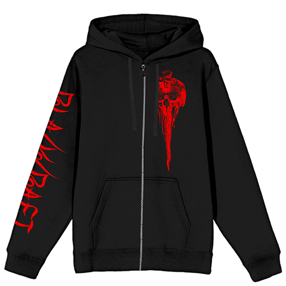 A classic black zip up hoodie with custom goat artwork on the back and custom artwork on the front and sleeves.