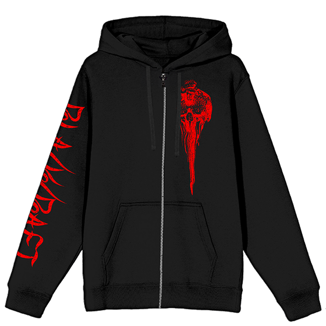 A classic black zip up hoodie with custom goat artwork on the back and custom artwork on the front and sleeves.