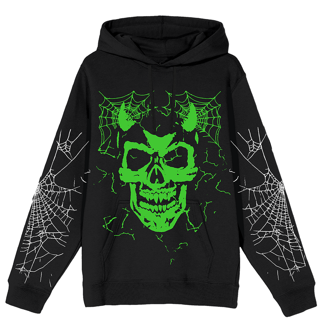 A premium heavyweight black pullover hoodie with bright green skull artwork on the front and spiderweb artwork along the sleeves.