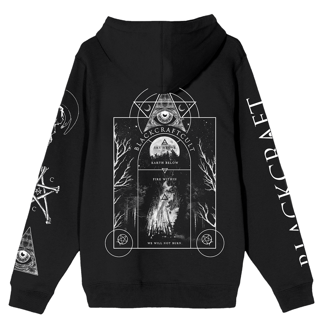 A classic black zip up hoodie with custom Blackcraft artwork on the front, back, and along the sleeves. 