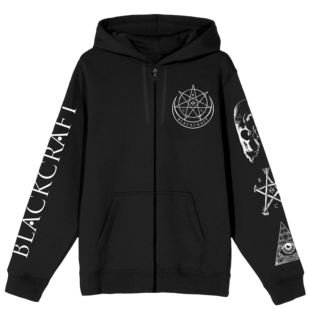 A classic black zip up hoodie with custom Blackcraft artwork on the front, back, and along the sleeves. 