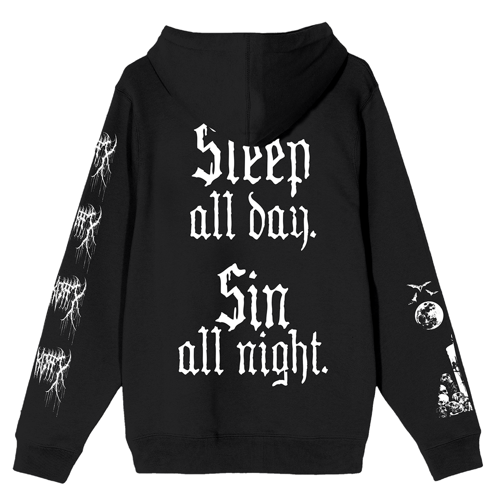 A classic black pullover hoodie with custom raccoon artwork on the front and custom artwork on the back and along the sleeves.