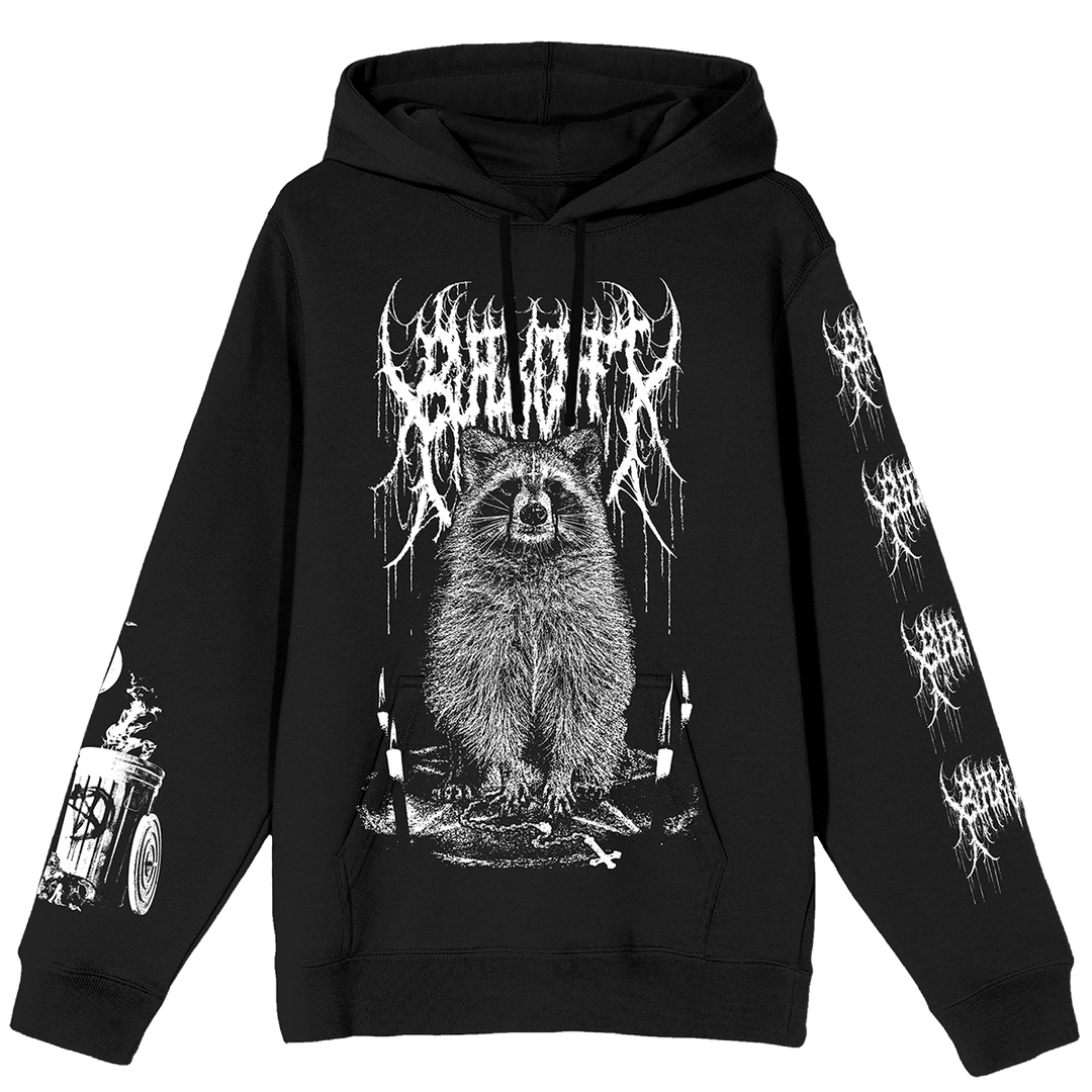 A classic black pullover hoodie with custom raccoon artwork on the front and custom artwork on the back and along the sleeves.