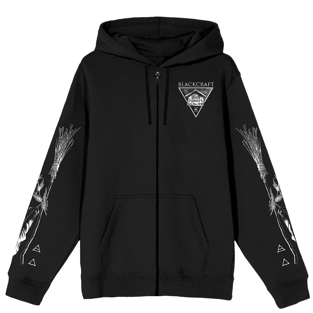 A classic black zip up hoodie with Salem Massachusetts artwork along the front, back, and along the sleeves. 