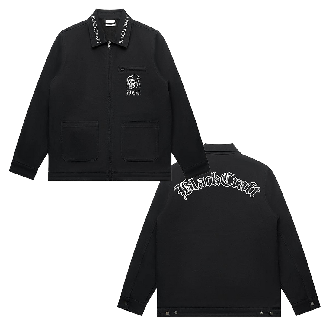 A classic black cotton drill jacket with custom Blackcraft artwork along the back, the collar, and the front. 