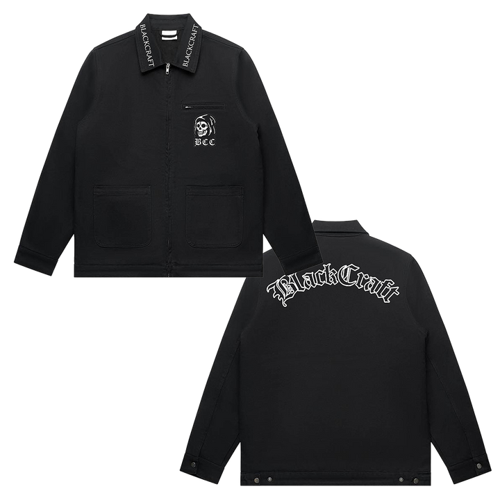 A classic black cotton drill jacket with custom Blackcraft artwork along the back, the collar, and the front. 