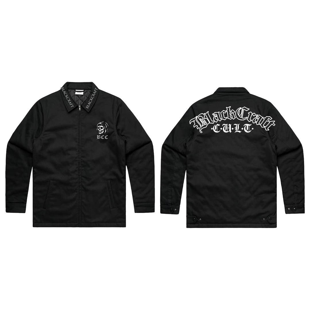 A classic black cotton drill jacket with custom embroidered Blackcraft artwork along the back, the collar, and the front. 