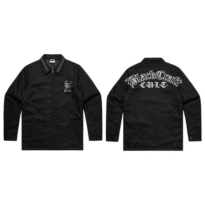 A classic black cotton drill jacket with custom embroidered Blackcraft artwork along the back, the collar, and the front. 