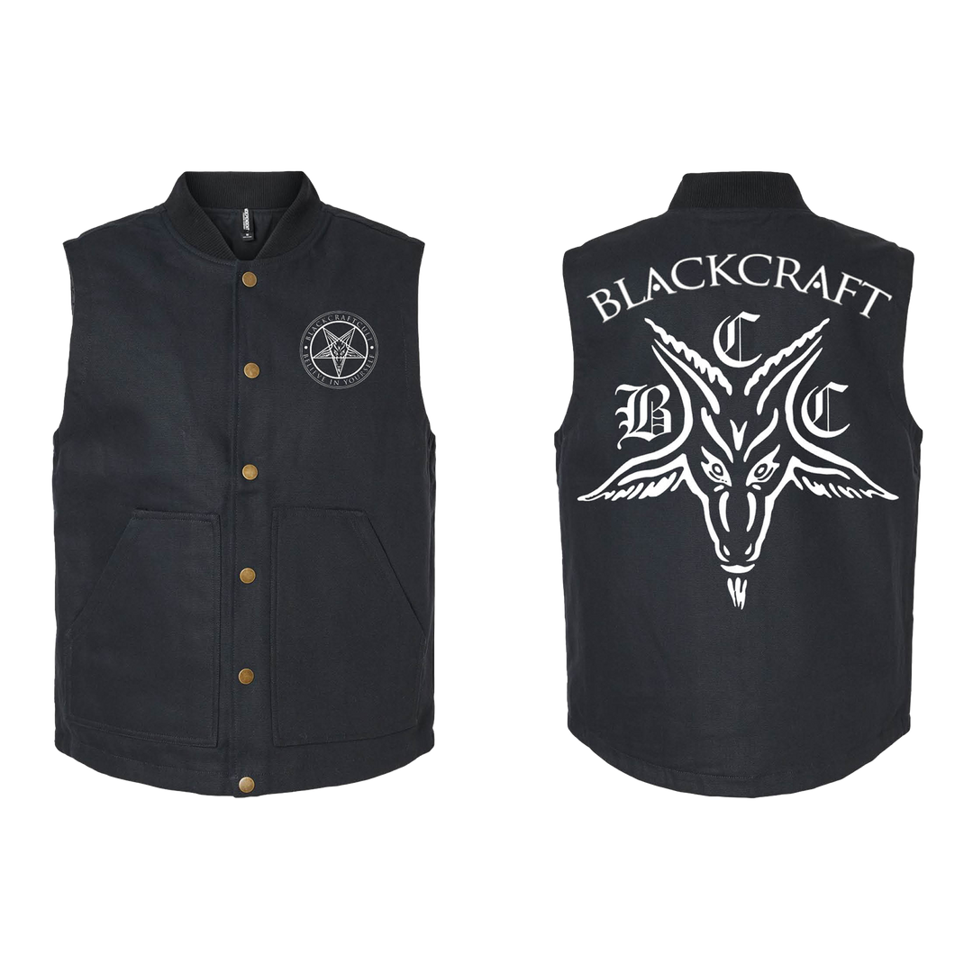 A black cotton canvas work wear vest with custom Blackcraft artwork on the front and back.