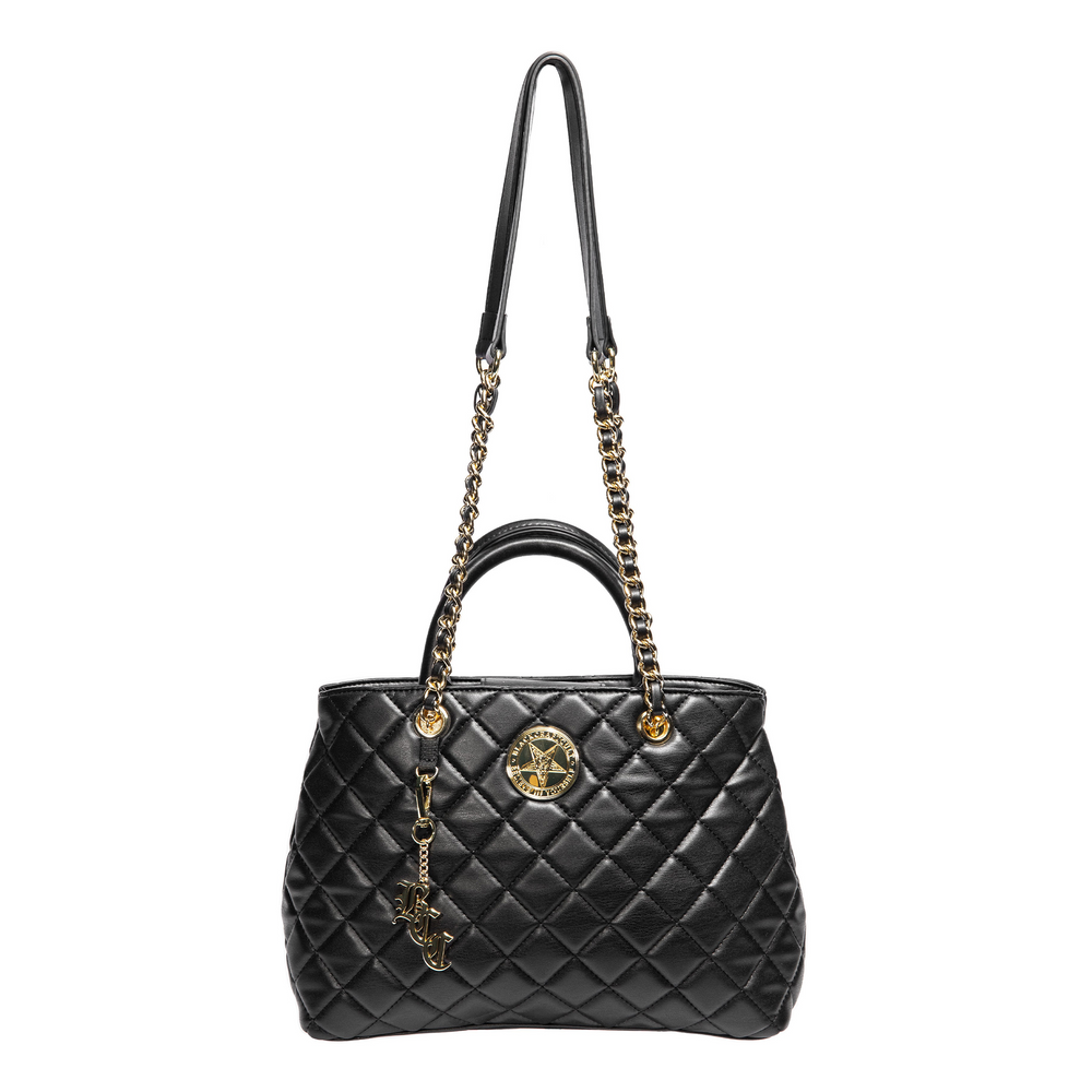 Black quilted satchel with magnetic closure. 