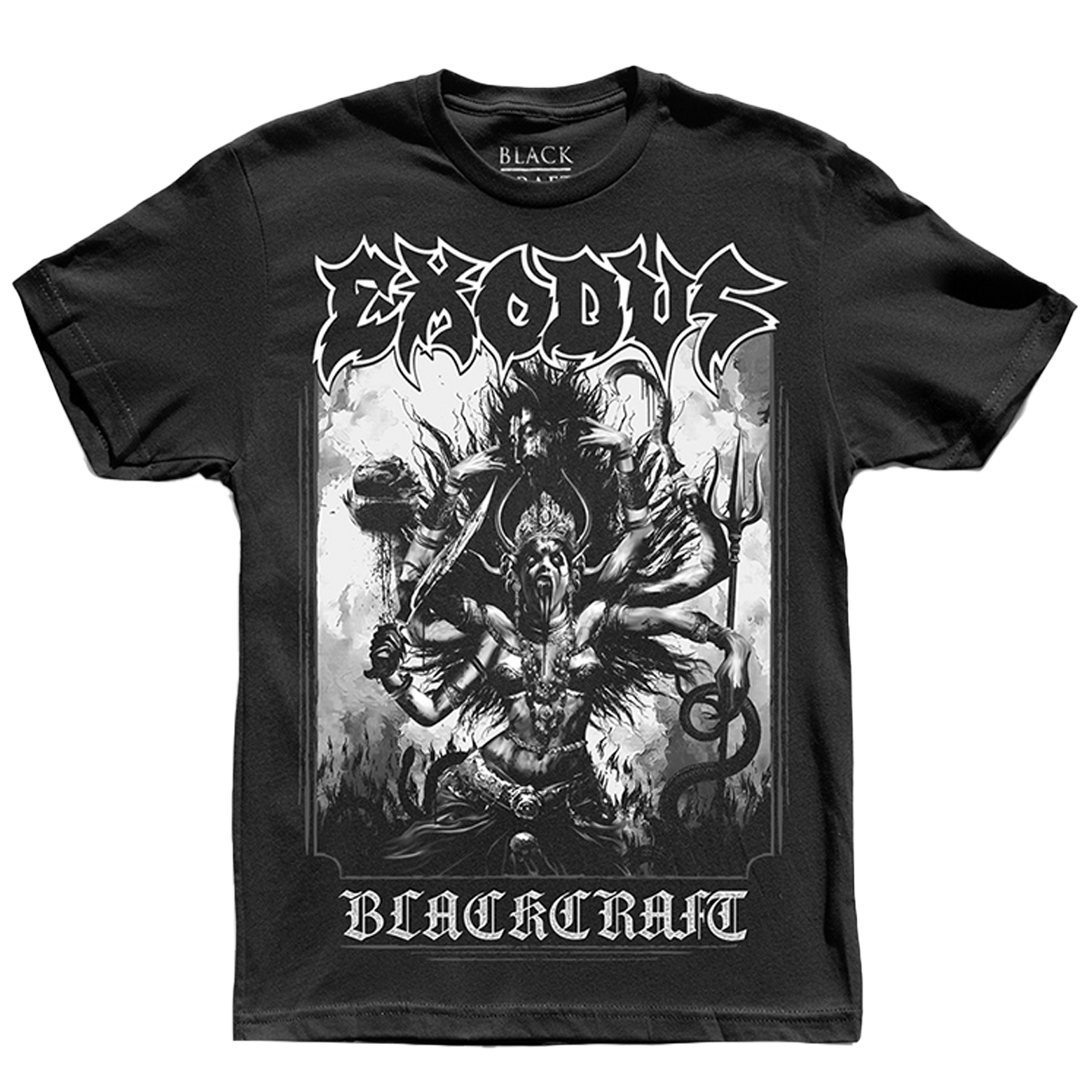 A classic unisex black cotton tee shirt with Exodus and Blackcraft logos and custom artwork.