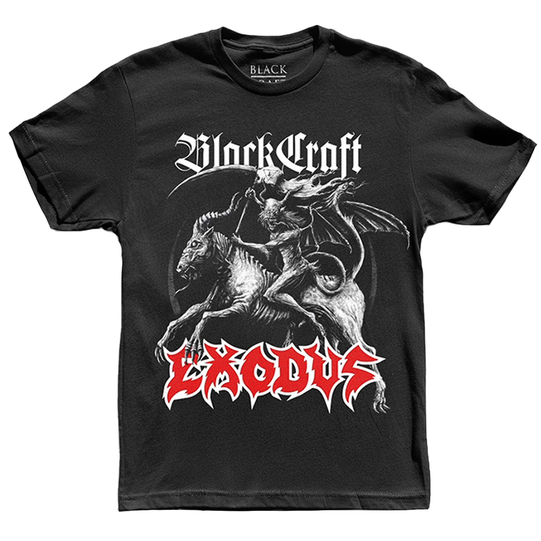 A classic unisex black cotton tee shirt with Exodus and Blackcraft logos and custom artwork.