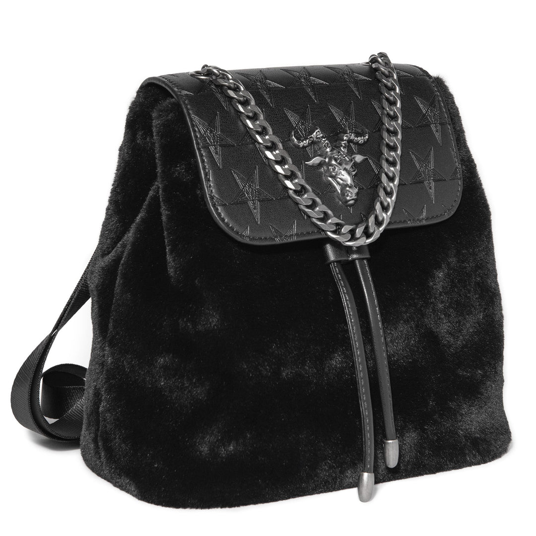 Black mini faux fur backpack with drawstring closure. 