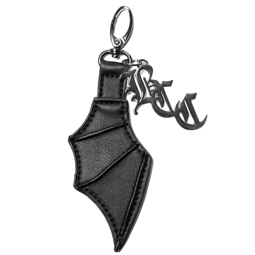 Black faux leather bat wing keychain.