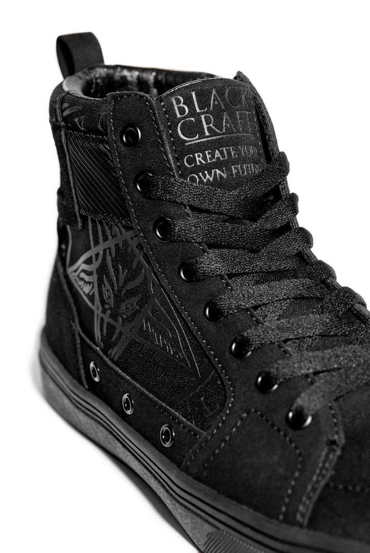 High top sneakers featuring our signature Believe in Yourself artwork on black canvas fabric and custom Blackcraft logo rubber sole.