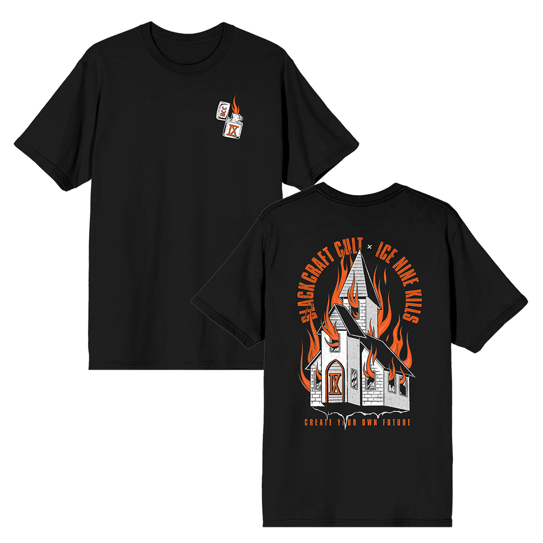 A classic black cotton tee shirt with custom orange and white artwork on the front and back. A limited edition collaboration from Blackcraft and Ice Nine Kills.