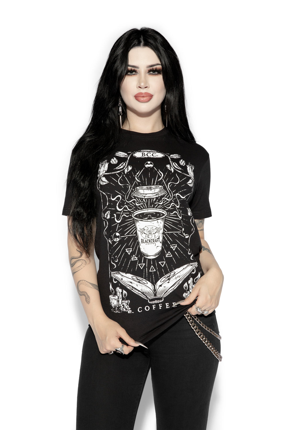 A model wearing a classic black cotton tee shirt with custom Blackcraft artwork on the front. 