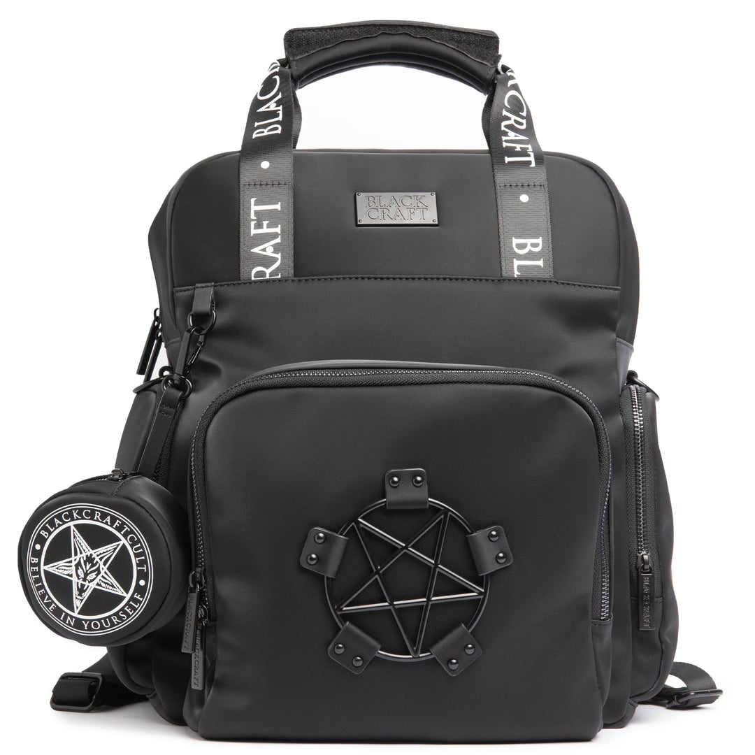 Black nylon diaper bag with top handle, removable and adjustable strap, and backpack straps for multiple options for wear.