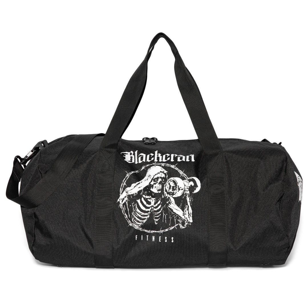 Black polyester duffel bag.