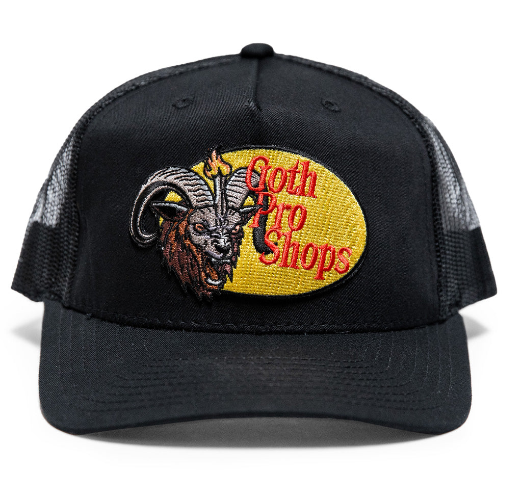 A classic black trucker hat with Goth Pro Shops patch on the front.