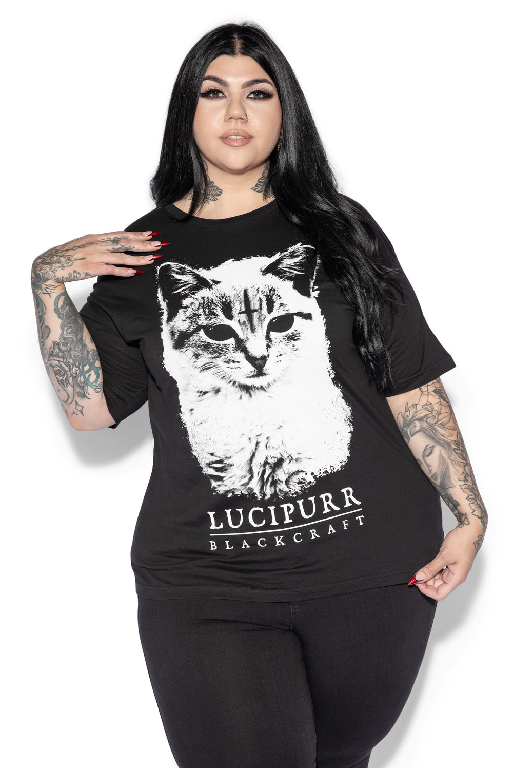 A model wearing a classic black cotton tee with custom Blackcraft artwork on the front. 