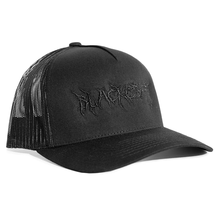 A classic black trucker hat with embroidered metal Blackcraft logo on the front.