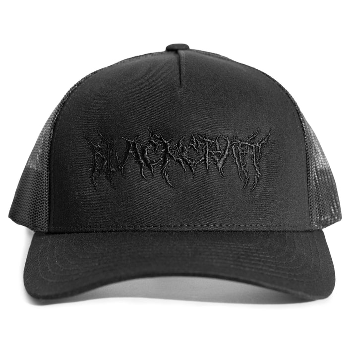 A classic black trucker hat with embroidered metal Blackcraft logo on the front.