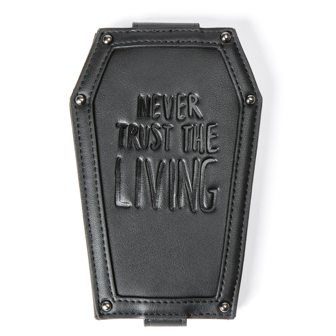 Black faux leather cardholder in coffin shape.