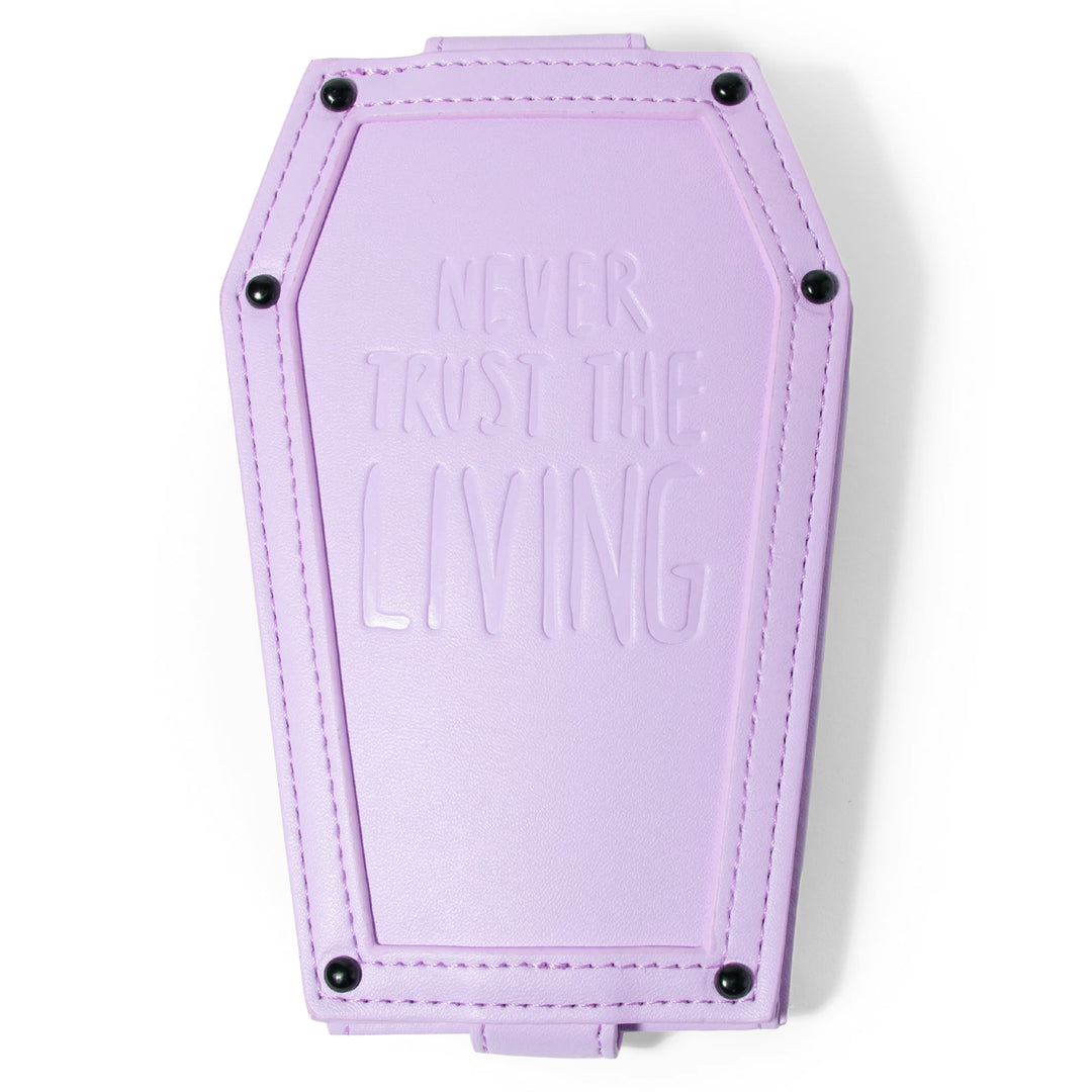 Purple faux leather cardholder in coffin shape.