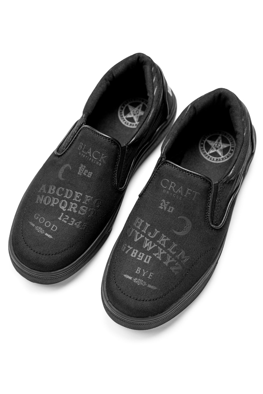 A slip on sneaker featuring our signature Ouija artwork on black canvas fabric upper and custom Blackcraft logo rubber sole.